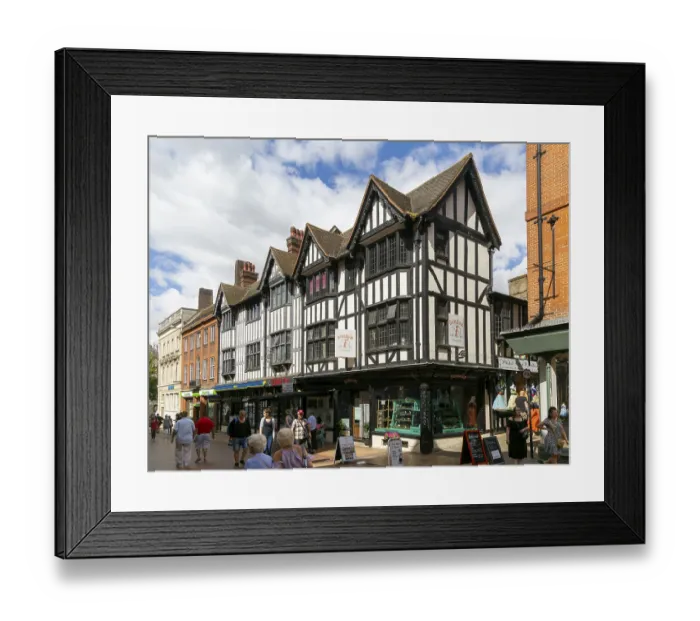 Framed Print : Shops and shoppers, mock Tudor half timbered buildings in town centre