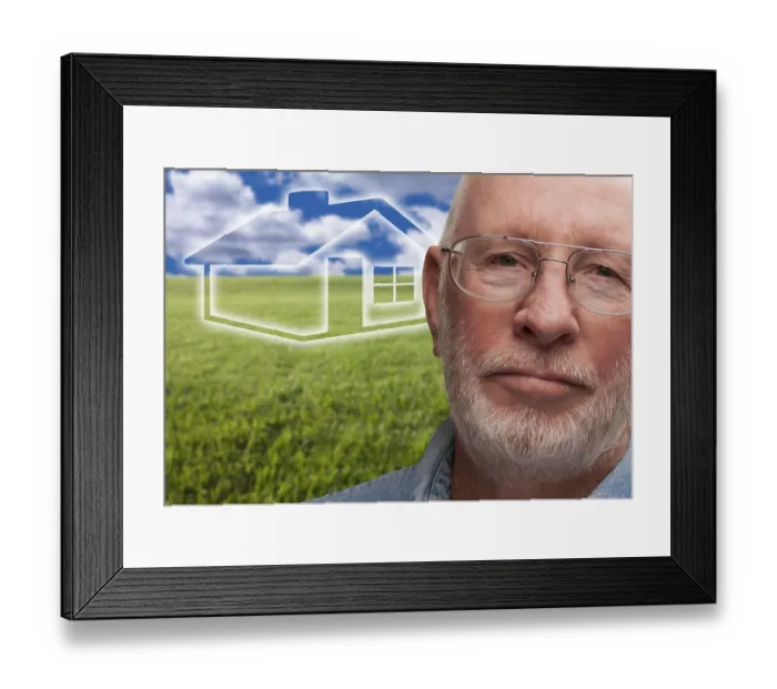Framed Print : Melancholy senior man with green grass field and ghosted house behind him Framed Print : Melancholy senior man with green grass field and ghosted house behind him