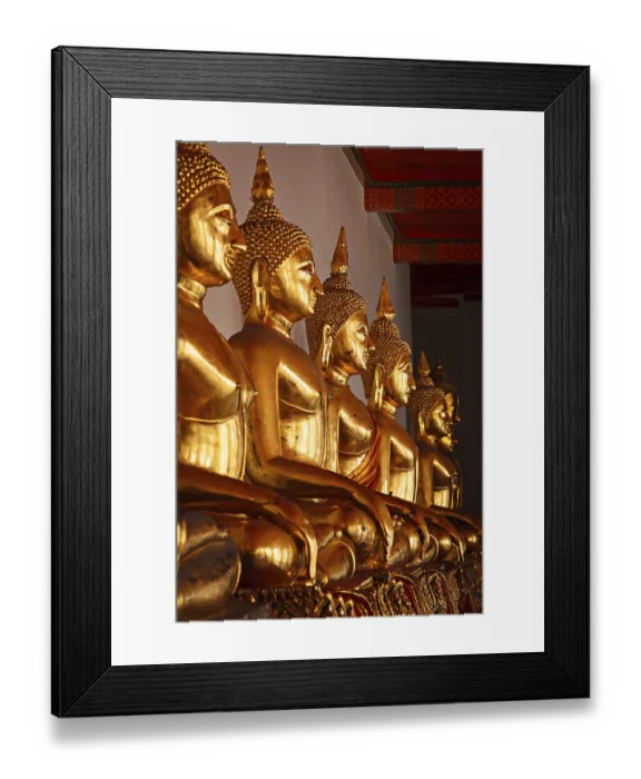 Framed Print : Row of golded sitting Buddha statues in Buddhist temple Wat Pho