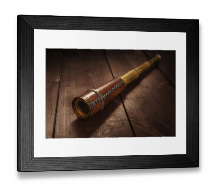 Framed Print : Vintage retro spyglass on wooden background Framed Print : Vintage retro spyglass on wooden background