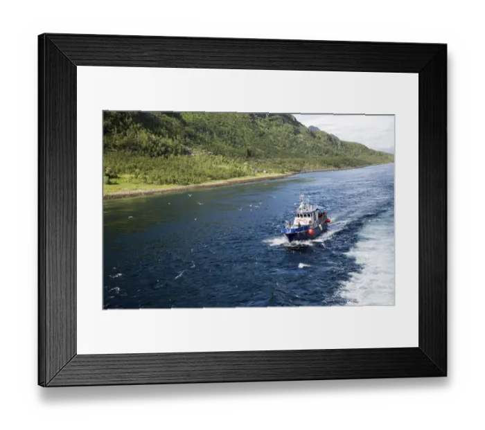 Framed Print : Small tourist boat in mountainous fiord landscape Framed Print : Small tourist boat in mountainous fiord landscape