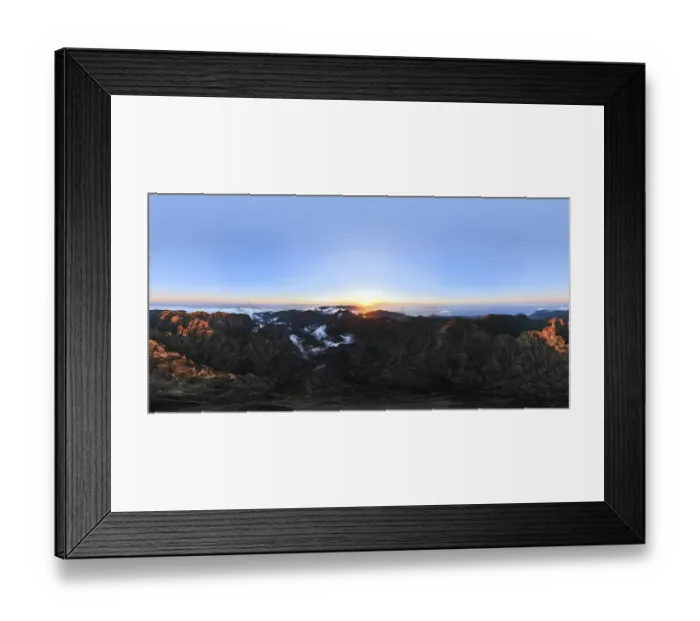Framed Print : 360 panorama of aerial drone view of mountains over clouds near Pico Ruivo on sunset