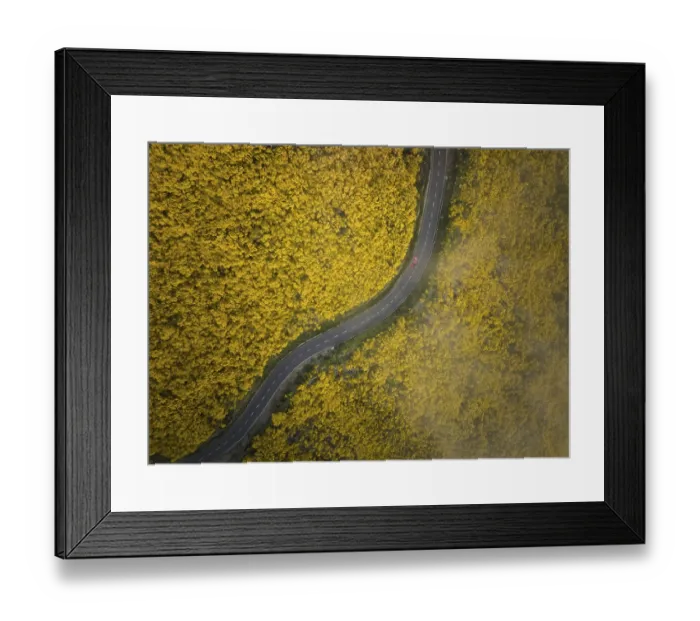 Framed Print : Aerial view of road with red car among yellow Cytisus blooming shrubs near Pico do Arieiro