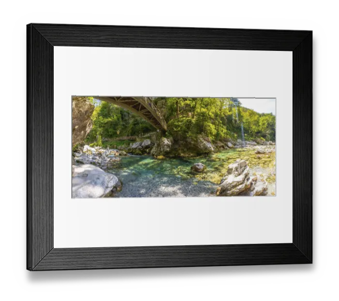 Framed Print : Tourists walking on a wooden bridge over a clear turquoise river in tolmin gorge Framed Print : Tourists walking on a wooden bridge over a clear turquoise river in tolmin gorge