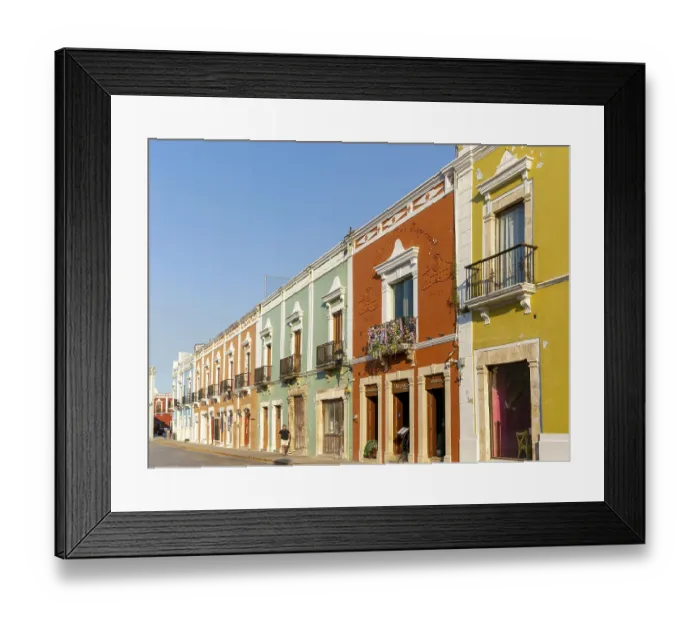Framed Print : Marganzo restaurant in row of colourful Spanish colonial buildings Framed Print : Marganzo restaurant in row of colourful Spanish colonial buildings