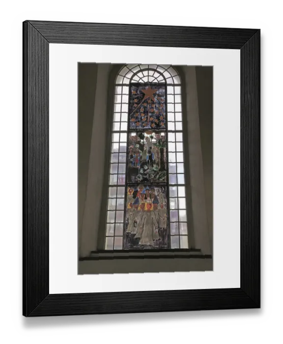 Framed Print : Children's art window pictures inside historic Nykirken church Framed Print : Children's art window pictures inside historic Nykirken church