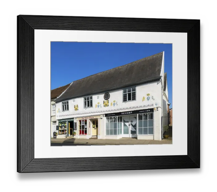 Framed Print : Clock and pargetting on listed building 46 and 48 High Street