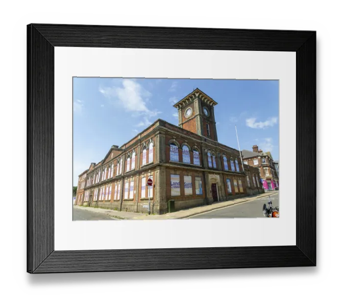 Framed Print : Town Hall municipal building boarded up for redevelopment Framed Print : Town Hall municipal building boarded up for redevelopment