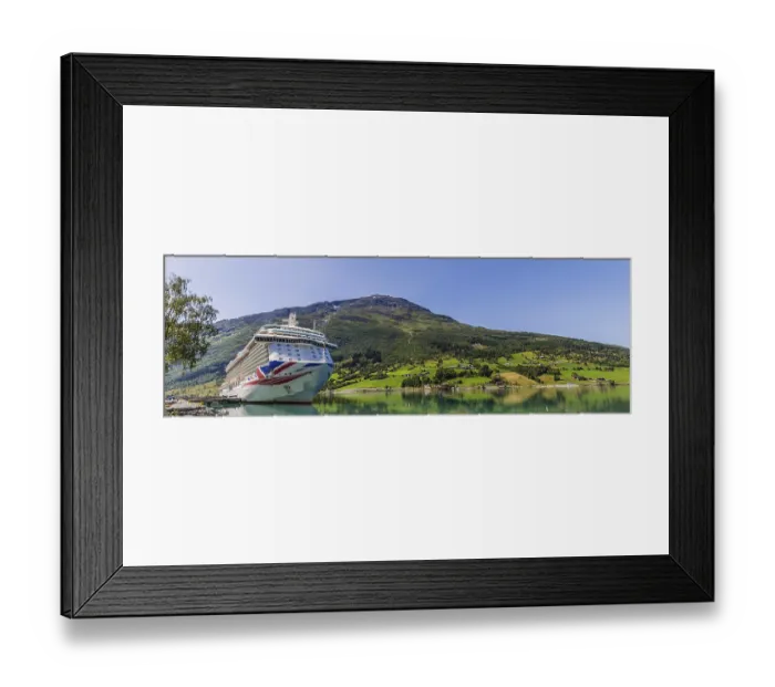 Framed Print : Panorama with a large cruiseship anchored in fjord in Norway