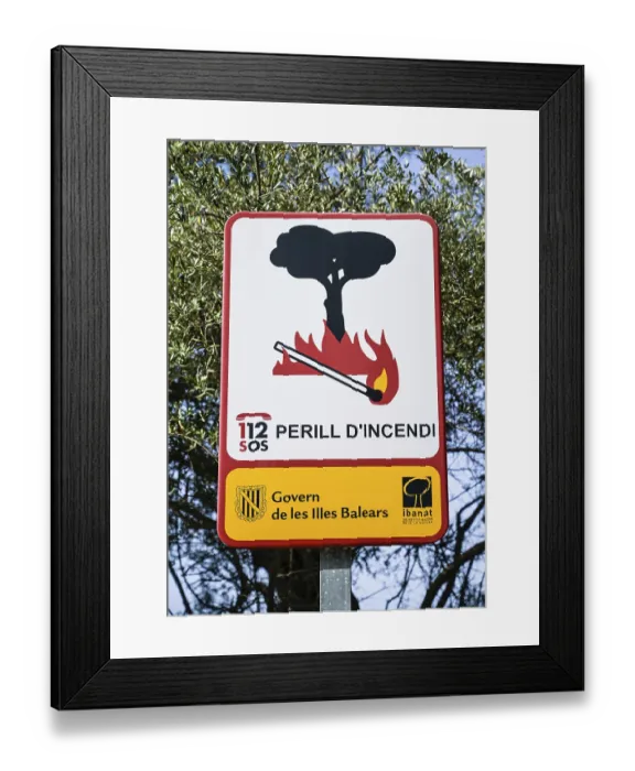 Framed Print : Sign Forest Fire Danger, Majorca, Spain, Europe