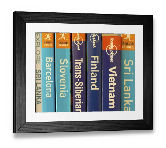 Framed Print : Close up of various travel guide books published by Lonely Planet and Rough Guides