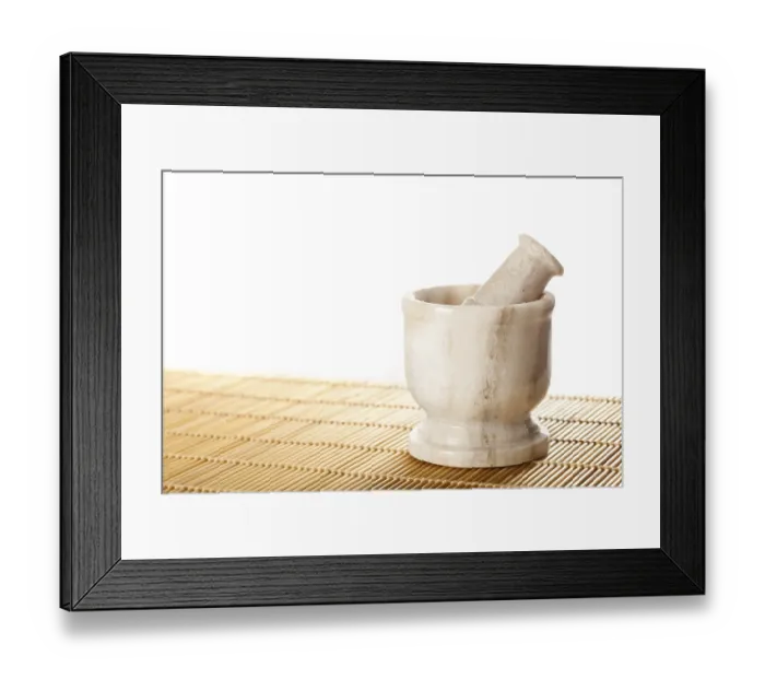 Framed Print : Marble mortar with pestle on bamboo mat Framed Print : Marble mortar with pestle on bamboo mat