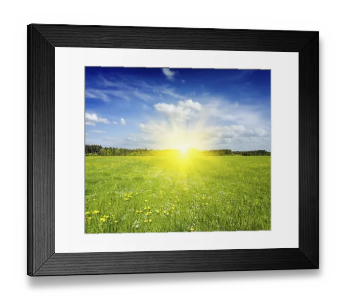 Framed Print : Summer meadow on sunset with blu sky and sun rays