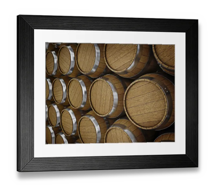 Framed Print : Wooden oak brandy wine beer barrels rows close up