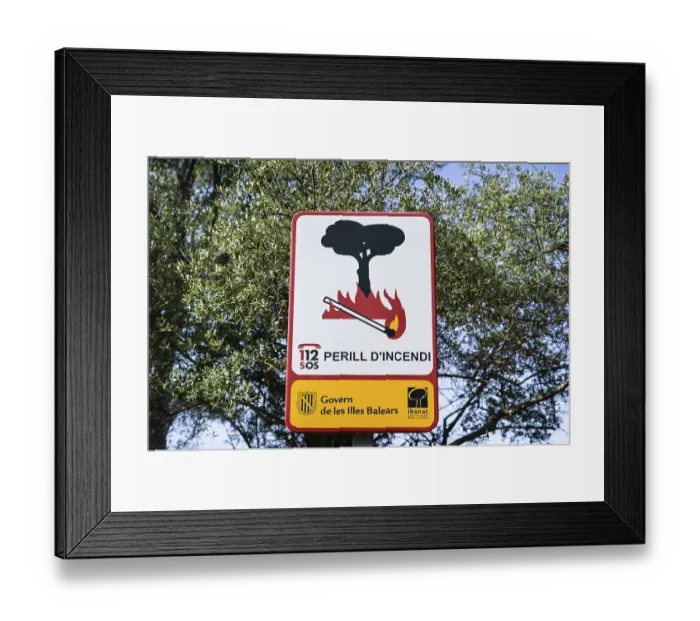 Framed Print : Sign Forest Fire Danger, Majorca, Spain, Europe