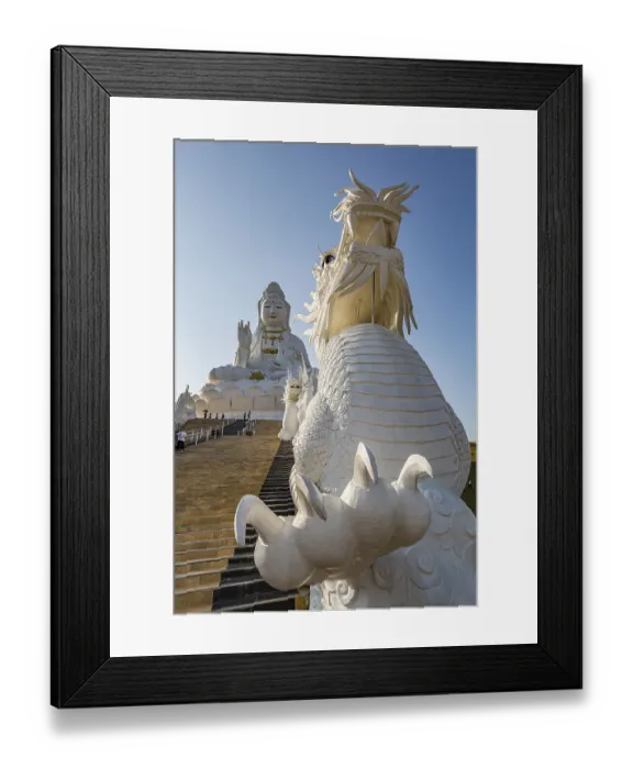 Framed Print : Chinese dragons line the steps up to the Guan Yin (Goddess of Mercy)