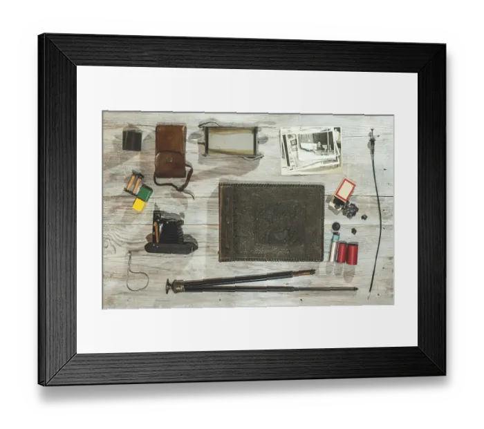 Framed Print : Vintage photo camera and photographic supplies and accessories