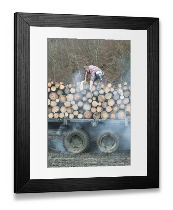 Framed Print : Young man on vintage truck with logs in the forest Framed Print : Young man on vintage truck with logs in the forest