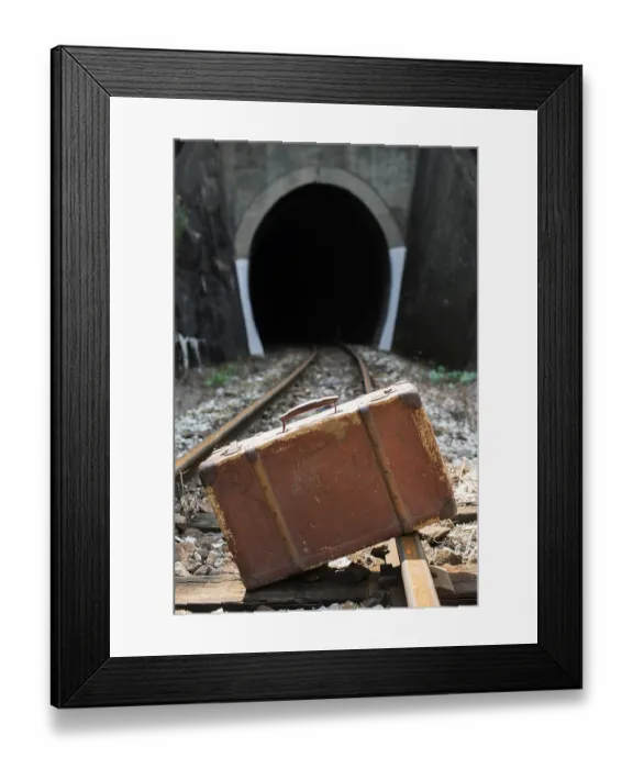 Framed Print : Vintage suitcase on railway road and tunnel