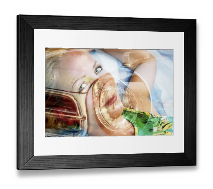 Framed Print : Composing with reclining woman and vintage car detail Framed Print : Composing with reclining woman and vintage car detail