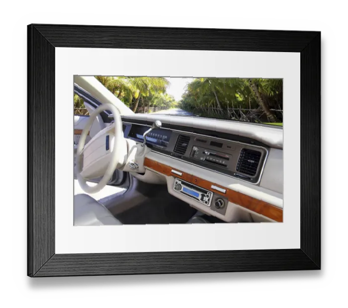 Framed Print : Retro vintage car indoor with tropical palm tree road in window Framed Print : Retro vintage car indoor with tropical palm tree road in window