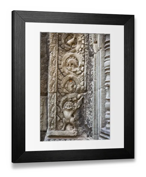 Framed Print : Stegosaurus dinosaur carving on the wall in Ta Prohm temple