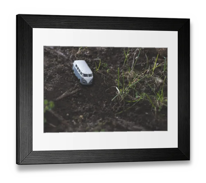 Framed Print : Vintage bus VW. Small metal toy in the nature Framed Print : Vintage bus VW. Small metal toy in the nature