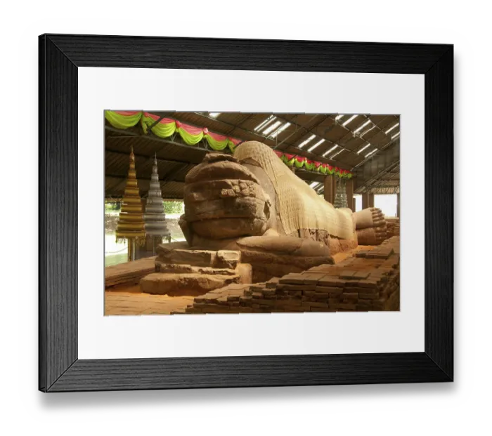 Framed Print : The sandstone reclining Buddha housed at Wat Dharmacakra Semaram is the oldest reclining Buddha in Thailand