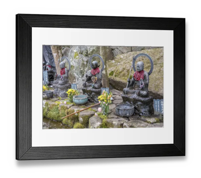 Framed Print : Jizo statues with prayer beads and red scarves in Japan