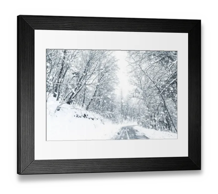 Framed Print : Winter forest snow road. Forest road winter snow view Framed Print : Winter forest snow road. Forest road winter snow view