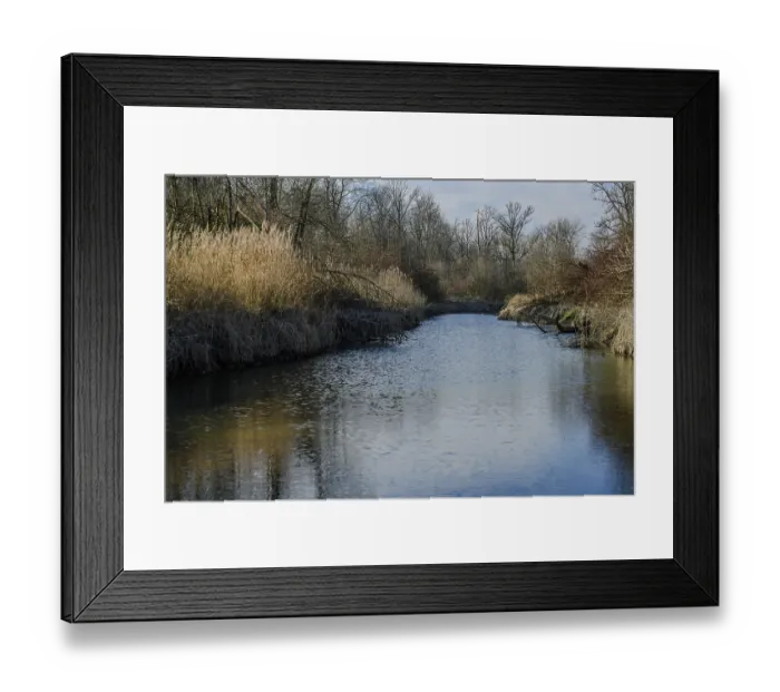 Framed Print : A wide river flows through a wintry landscape with bare trees