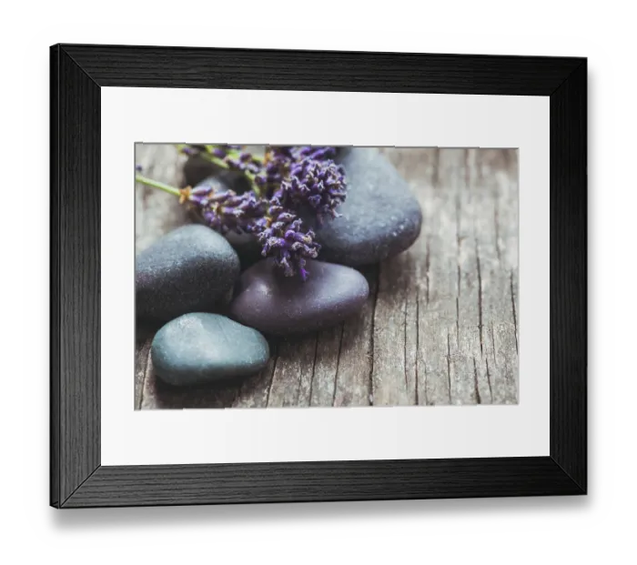 Framed Print : Stones with lavender on old shabby wooden background