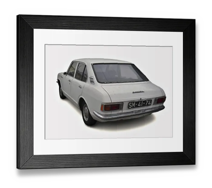 Framed Print : Classic white Toyota Corolla parked on white background