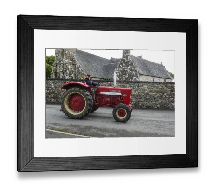 Framed Print : Old tractor Mc Cormick International 523 in front of church and chapel Sainte Nonne