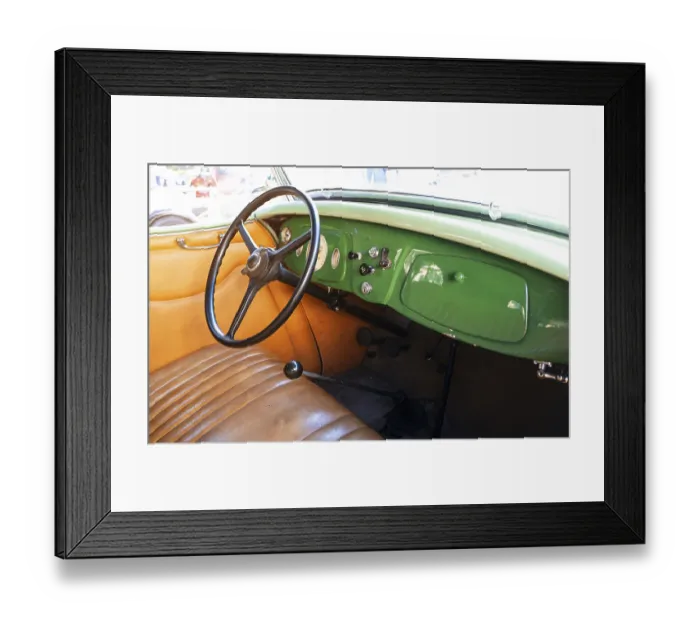 Framed Print : Vintage car interior with classic steering wheel