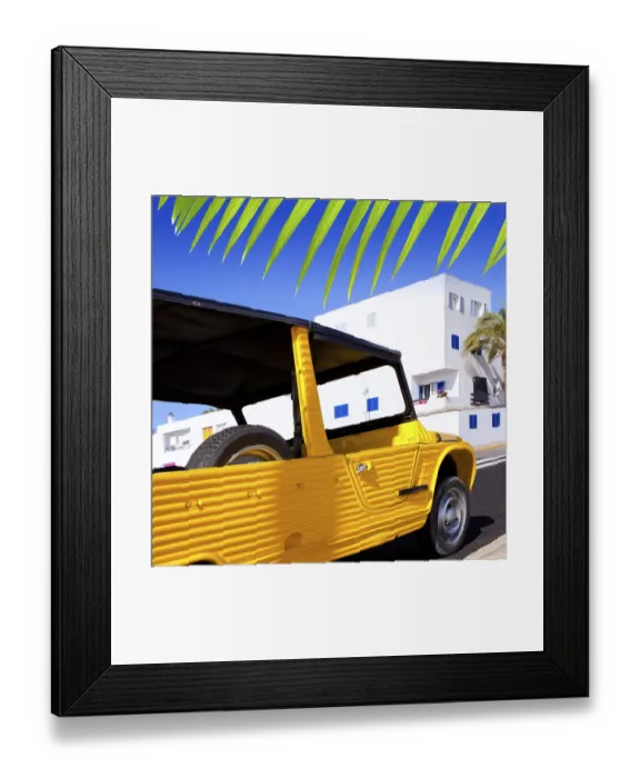 Framed Print : Balearic Formentera island La savina with orange vintage convertible car