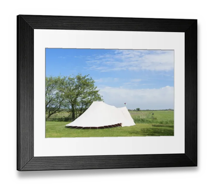 Framed Print : Landscape Camping with tent in meadows with sheeps
