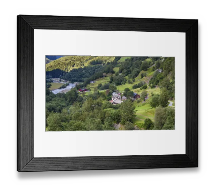 Framed Print : View on little village from the most beautiful train journey Flamsbana between Flam Framed Print : View on little village from the most beautiful train journey Flamsbana between Flam