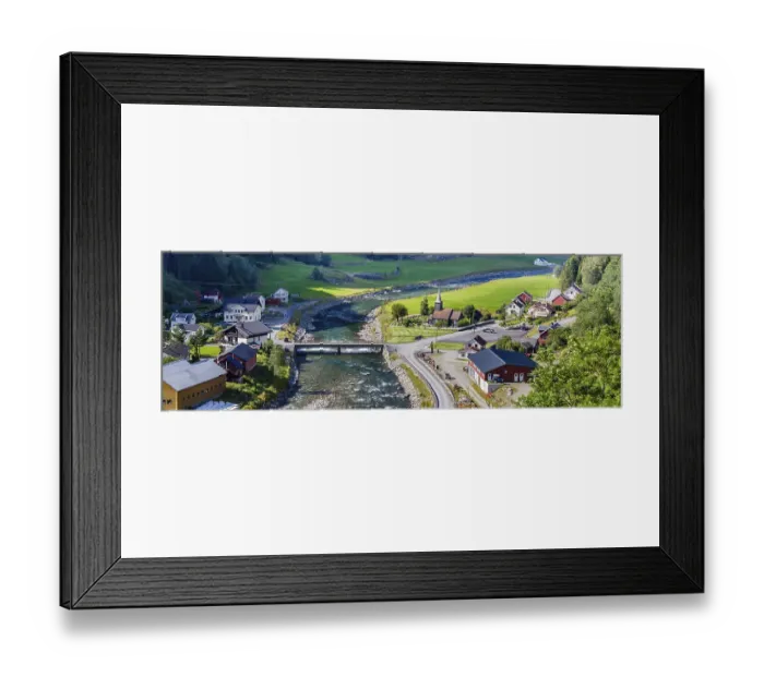 Framed Print : View on little village from the most beautiful train journey Flamsbana between Flam Framed Print : View on little village from the most beautiful train journey Flamsbana between Flam