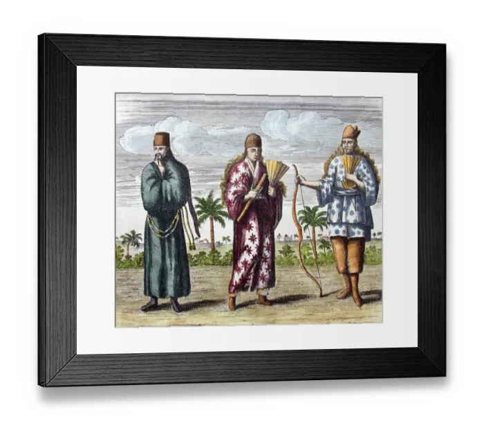 Framed Print : A coloured copper engraving purporting to show the dress of the people of Tonkin in northern Vietnam Framed Print : A coloured copper engraving purporting to show the dress of the people of Tonkin in northern Vietnam