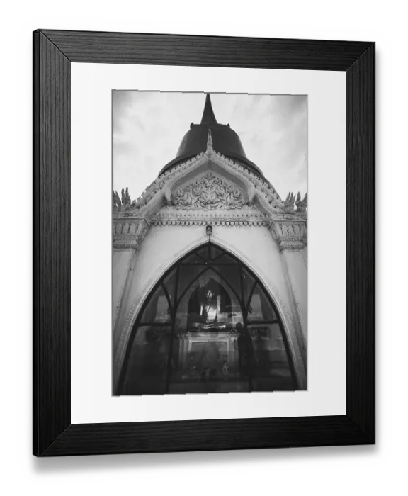 Framed Print : Detailed, majestic photograph of a stupa with ornate architectural details in black and white