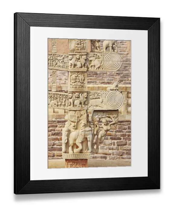 Framed Print : Details of north pillar of eastern gateway with two pales showing stories of Buddha stupa No 1