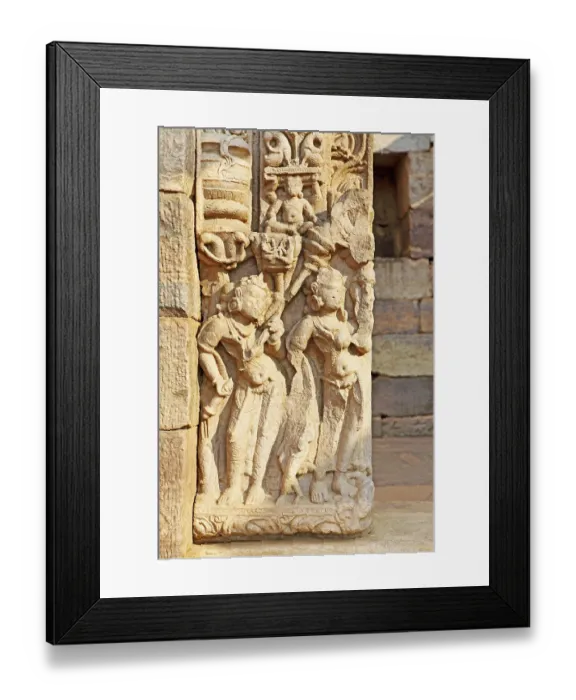 Framed Print : Details of stone carvings from temple 31 near stupa 5 built during 6th or 7th century
