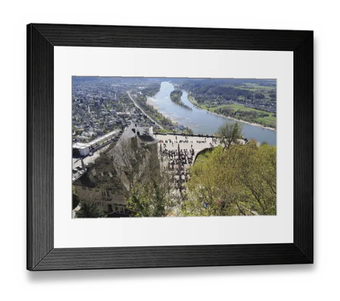 Framed Print : View from Drachenfels to the viewing platform with visitors and the Rhine