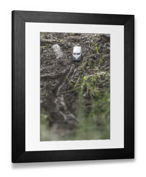 Framed Print : Vintage bus VW. Small metal toy in the nature Framed Print : Vintage bus VW. Small metal toy in the nature