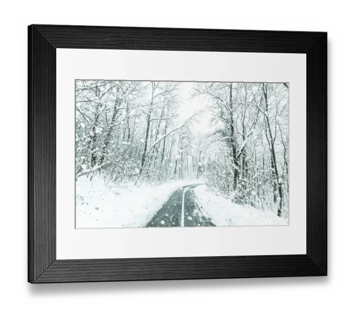 Framed Print : Winter forest snow road. Forest road winter snow view