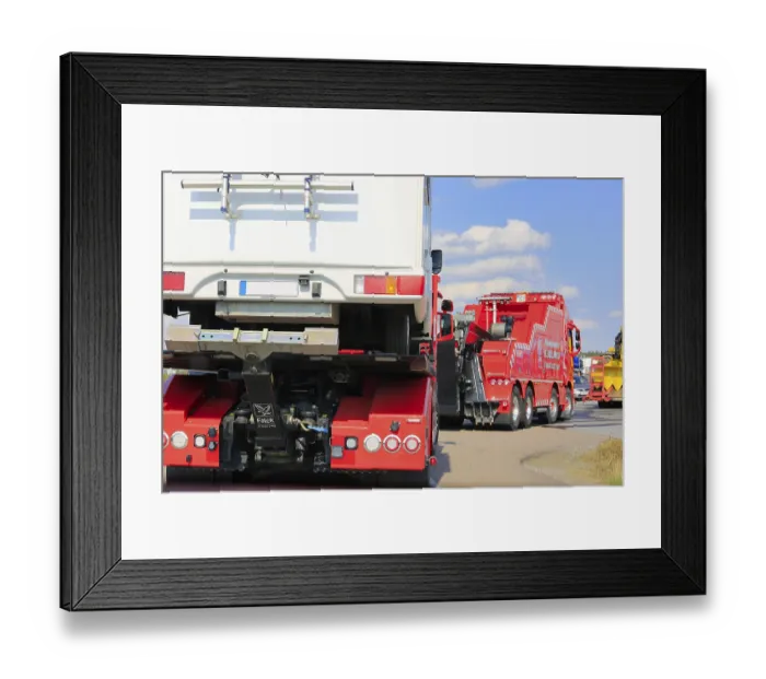 Framed Print : Tow truck carrying a camper van in truck convoy to Power Truck Show 2018 with other recovery vehicles Framed Print : Tow truck carrying a camper van in truck convoy to Power Truck Show 2018 with other recovery vehicles