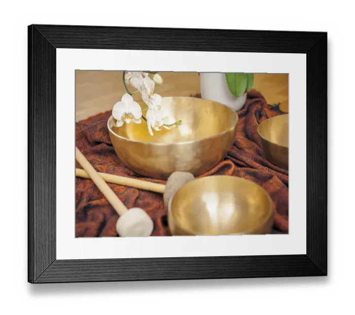 Framed Print : An image of some singing bowls and a white orchid