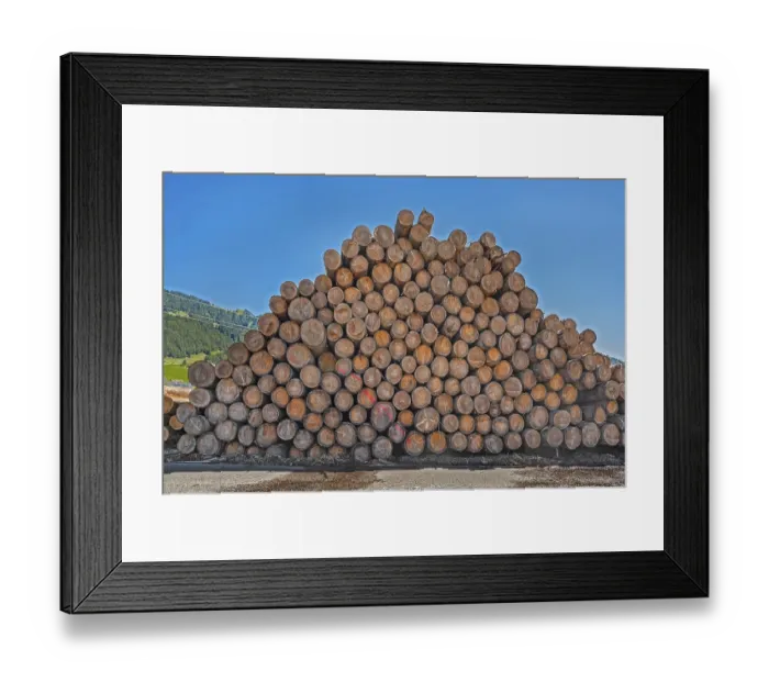 Framed Print : Stacked tree trunks in a sawmill near Hittisau Framed Print : Stacked tree trunks in a sawmill near Hittisau