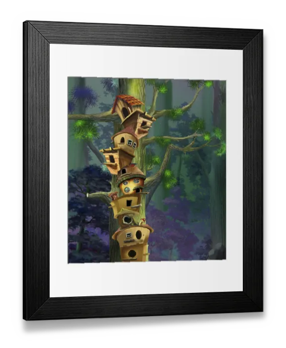 Framed Print : Birdhouses on a big tree in a pine forest